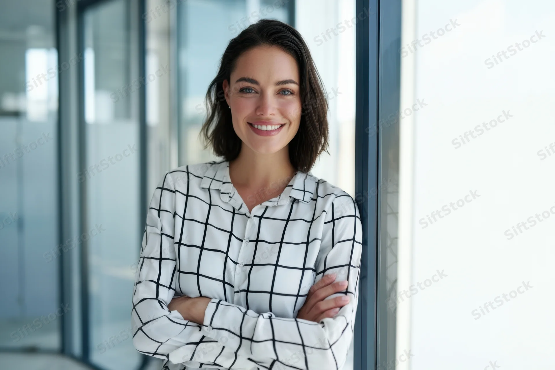Smiling woman with arms crossed leaning against glass wall in modern office