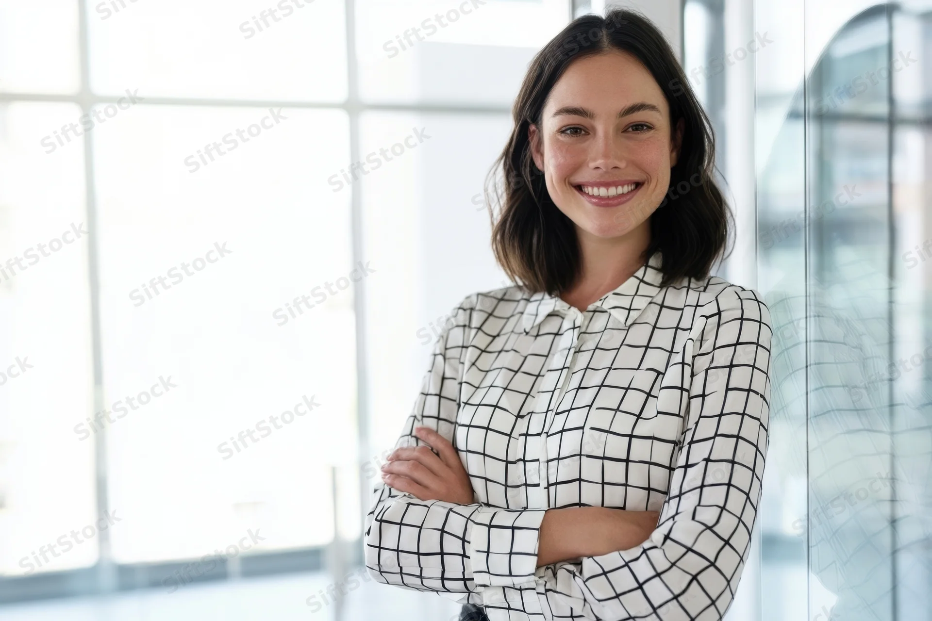 Smiling woman with arms crossed standing in modern office interior