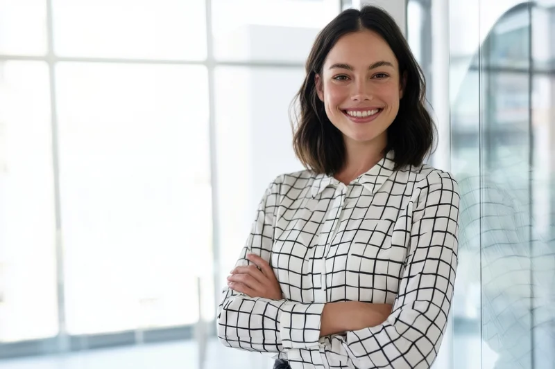 Smiling woman with arms crossed standing in modern office interior