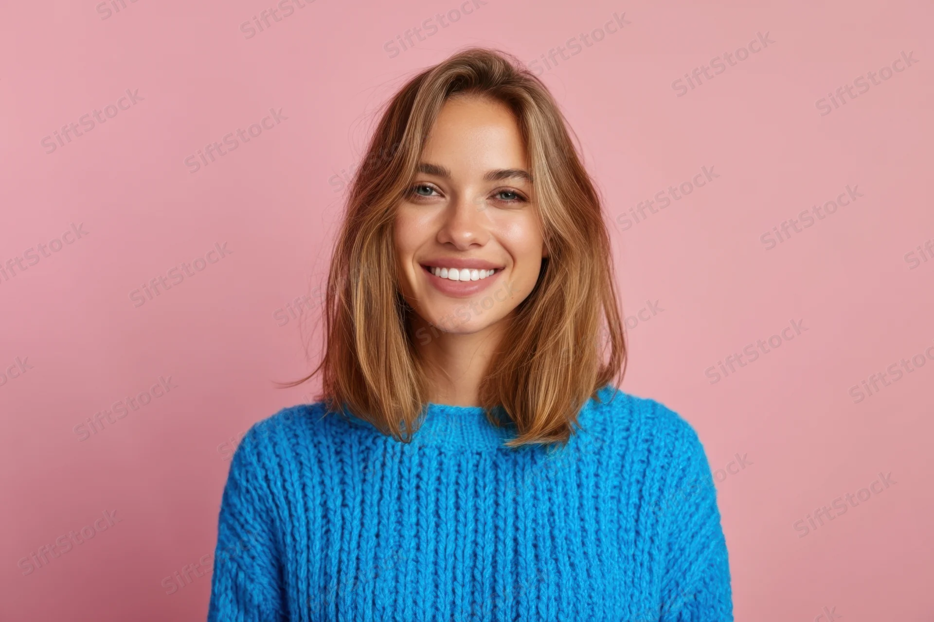 Smiling woman in blue knit sweater against pink background
