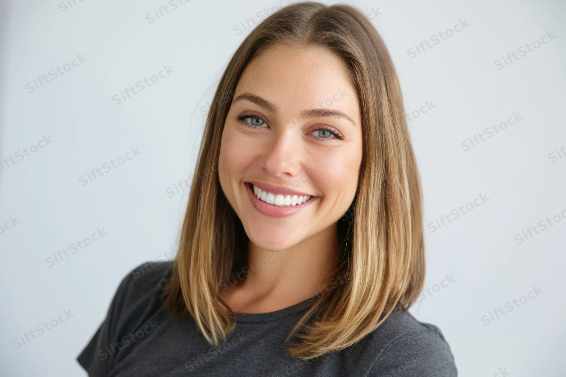 Smiling woman with shoulder-length brown hair in a gray tshirt against a light background