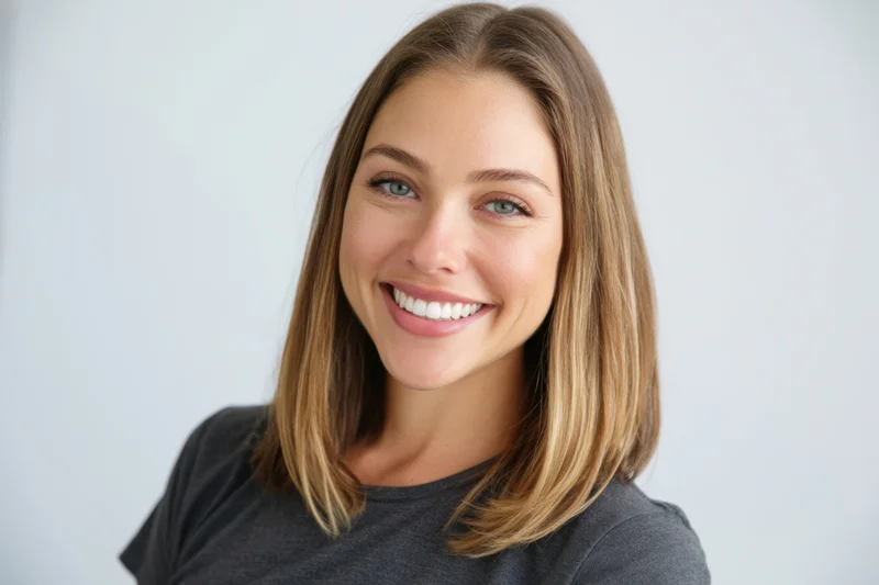 Smiling woman with shoulder-length brown hair in a gray tshirt against a light background