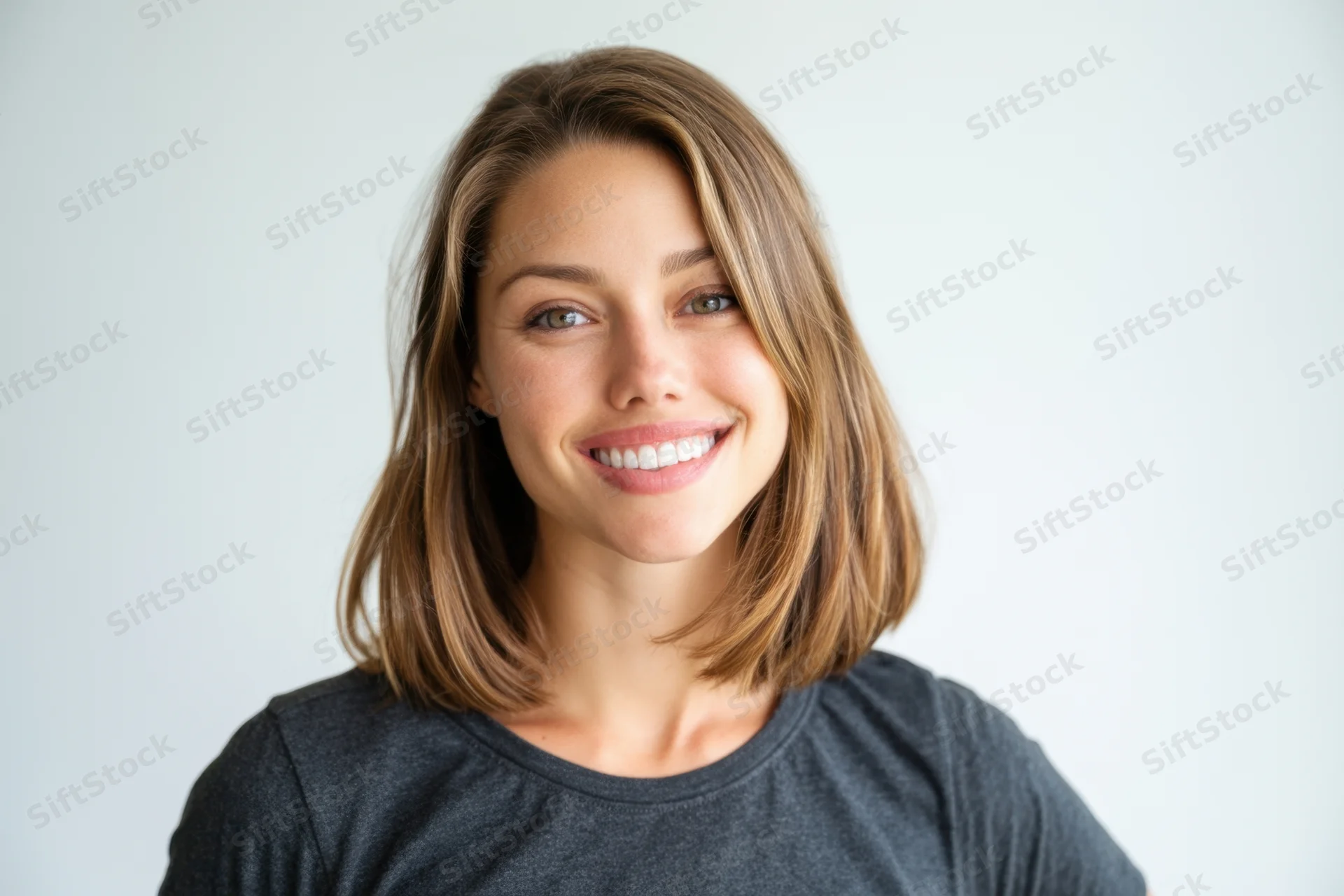 Smiling woman with shoulder-length brown hair in a gray tshirt against a white background