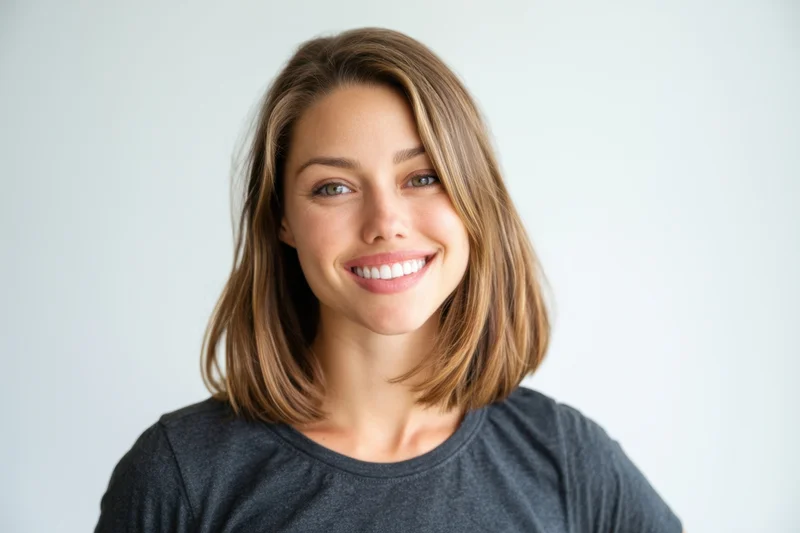 Smiling woman with shoulder-length brown hair in a gray tshirt against a white background