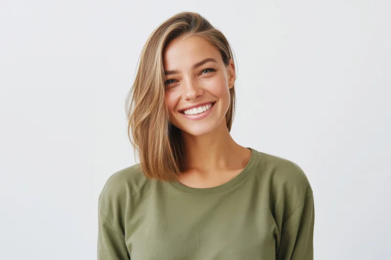 Smiling young woman with shoulder-length light brown hair wearing a green shirt in a studio setting