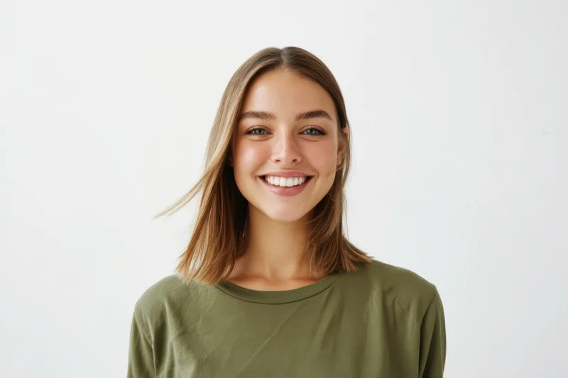 Smiling young woman with shoulder-length light brown hair wearing a green shirt in a studio setting