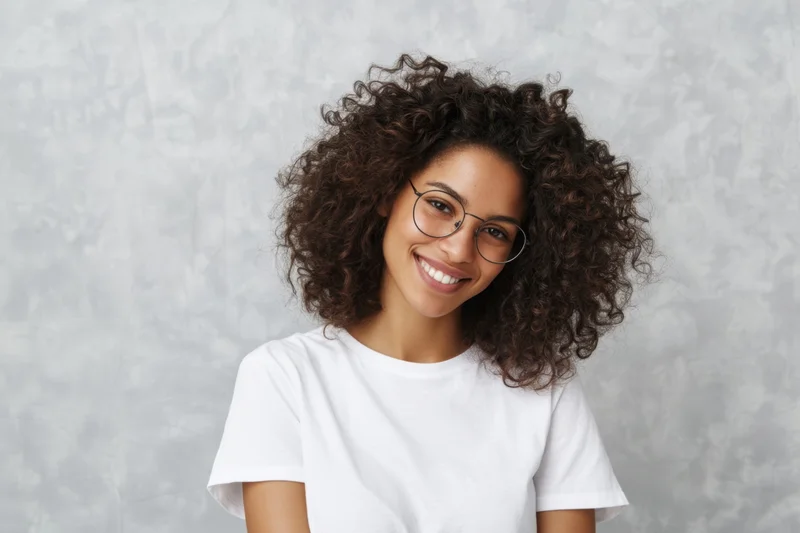 Smiling woman with tight curly hair wearing round glasses in a white tshirt against a light gray textured background
