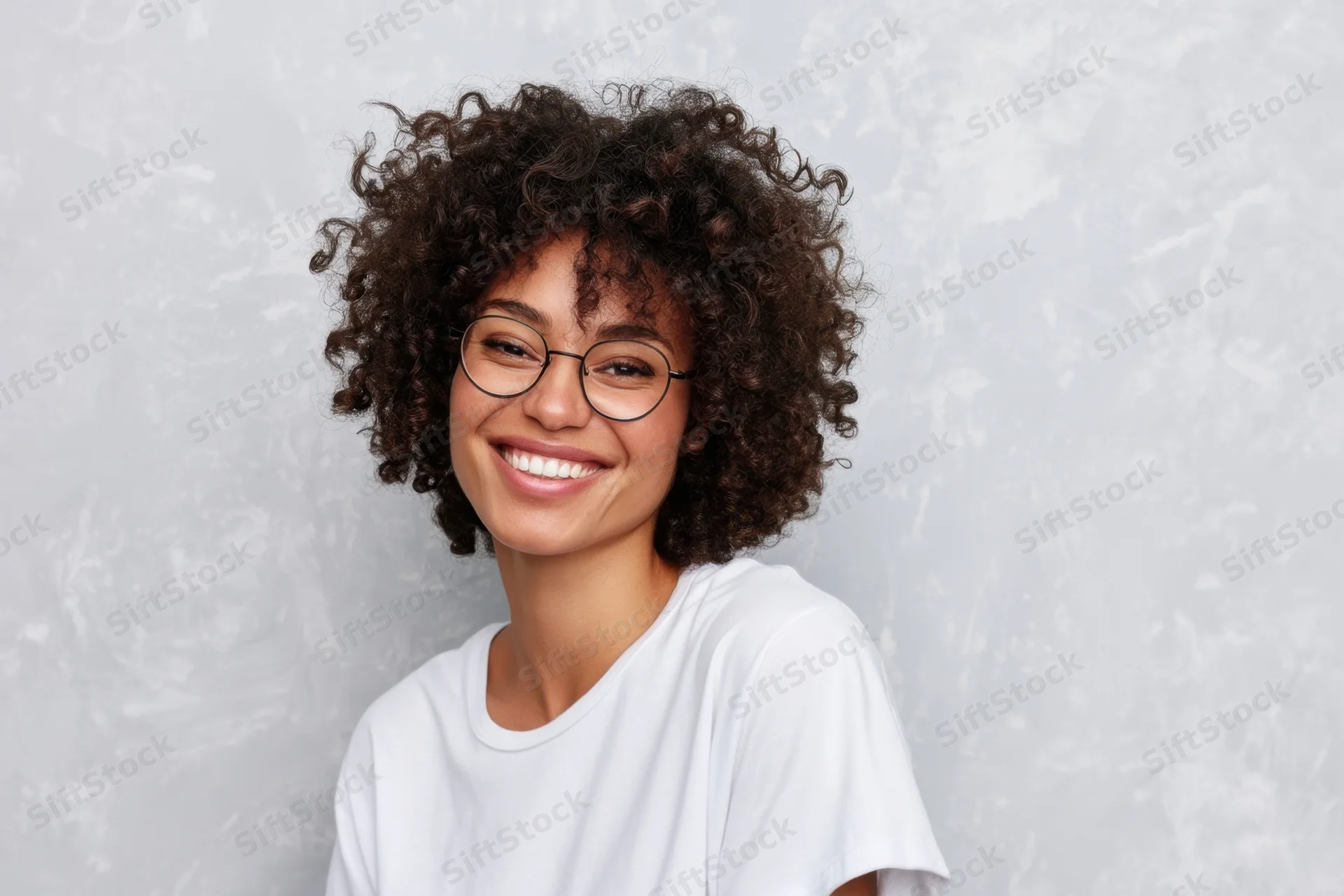 Smiling woman with tight curly hair and round glasses wearing a white t-shirt in a studio setting
