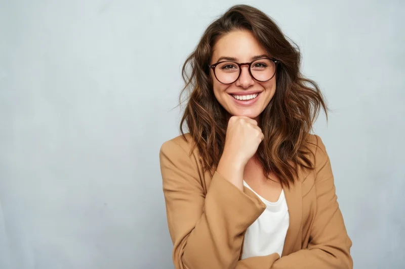 Smiling woman with wavy brown hair and glasses wearing a beige blazer and white top in a studio setting