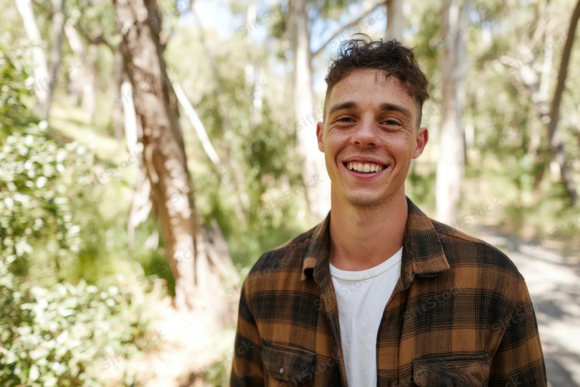 Young man smiling in a sunlit forest wearing a flannel shirt over a white t-shirt