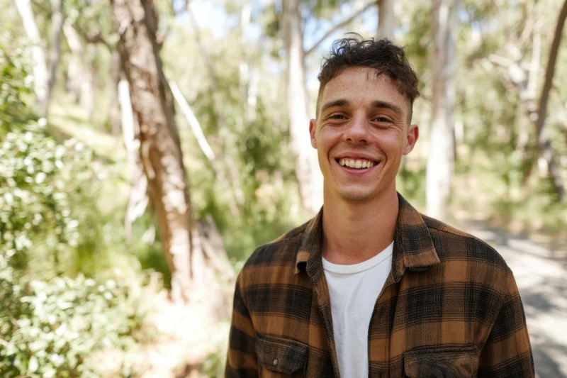 Young man smiling in a sunlit forest wearing a flannel shirt over a white t-shirt
