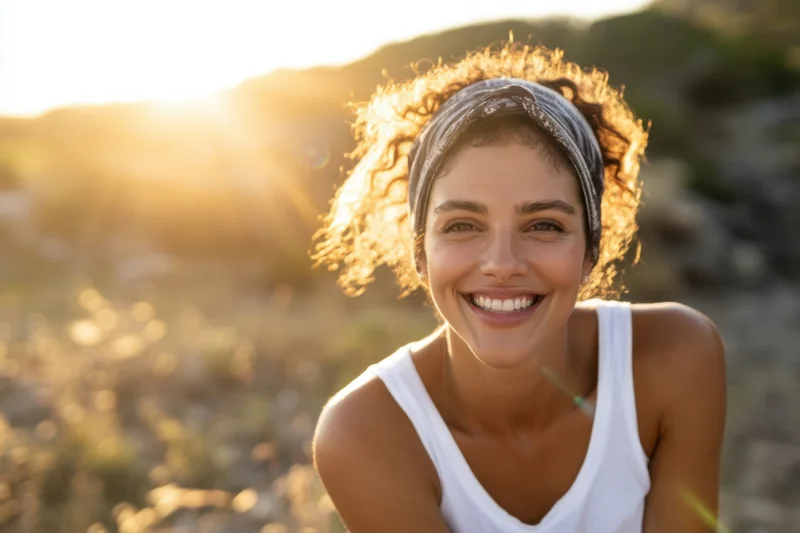 Smiling young woman outdoors in golden hour light wearing white tank top and headband