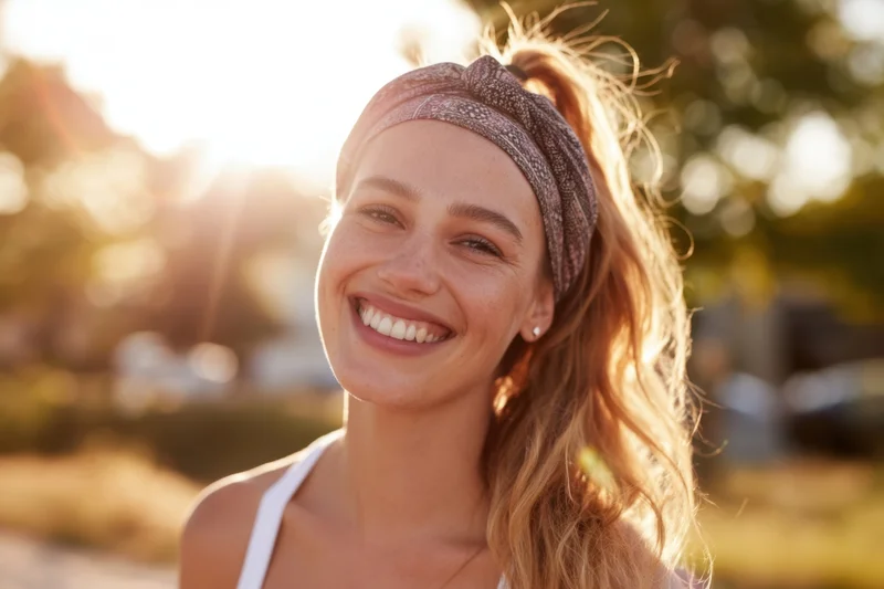 Smiling young woman outdoors in sunlight wearing white tank top and headband