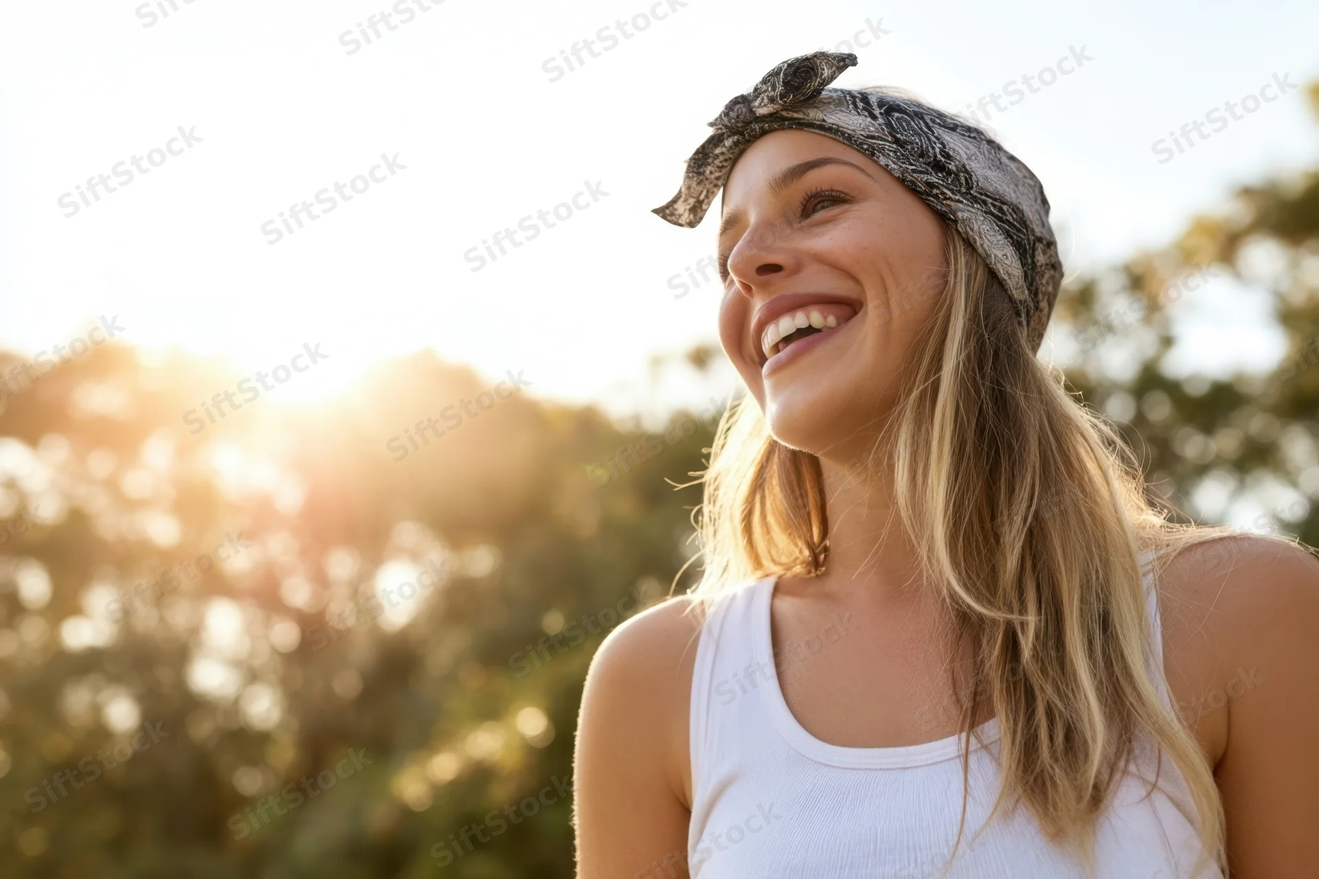 Smiling young woman outdoors in sunlight wearing a white tank top and patterned headband