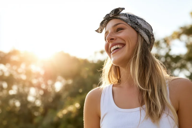 Smiling young woman outdoors in sunlight wearing a white tank top and patterned headband