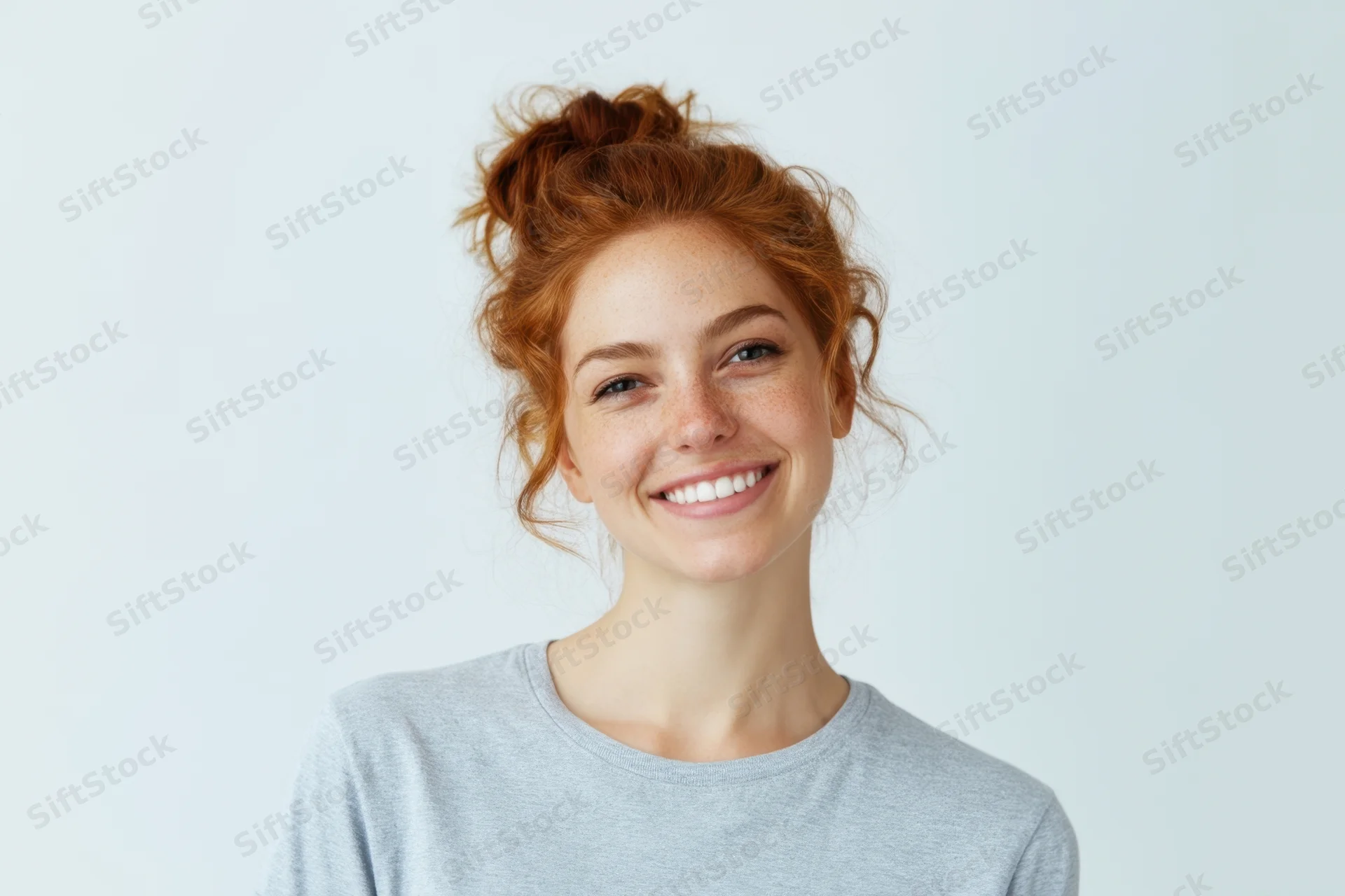 Young woman with red hair in a casual bun smiling in a studio portrait