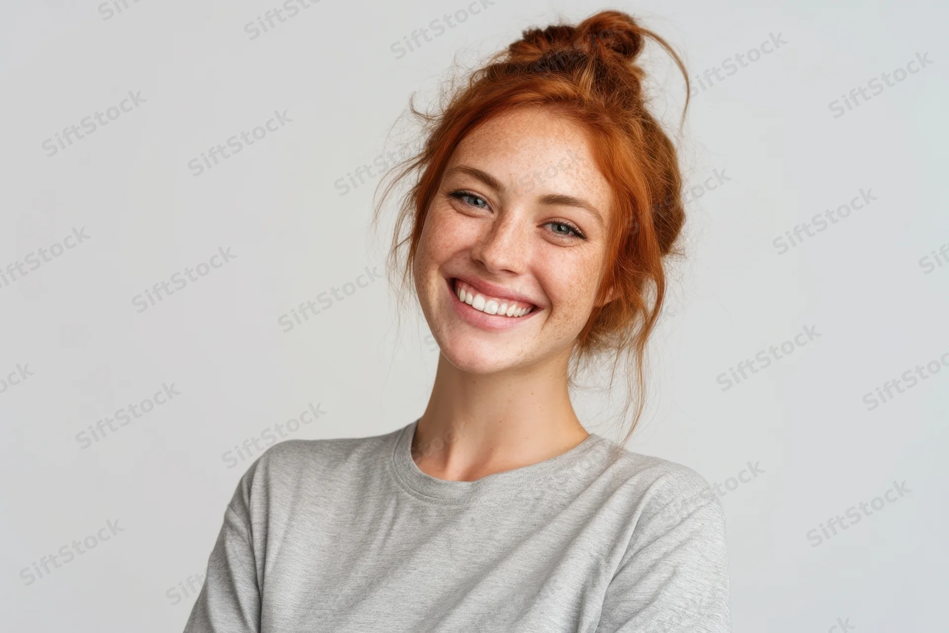 Young woman with red hair in a casual bun smiling at camera in studio setting