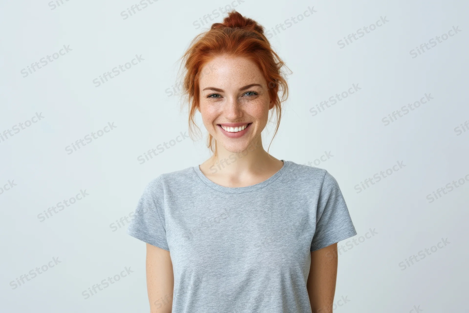 Young woman with red hair in a casual bun smiling at camera in studio setting