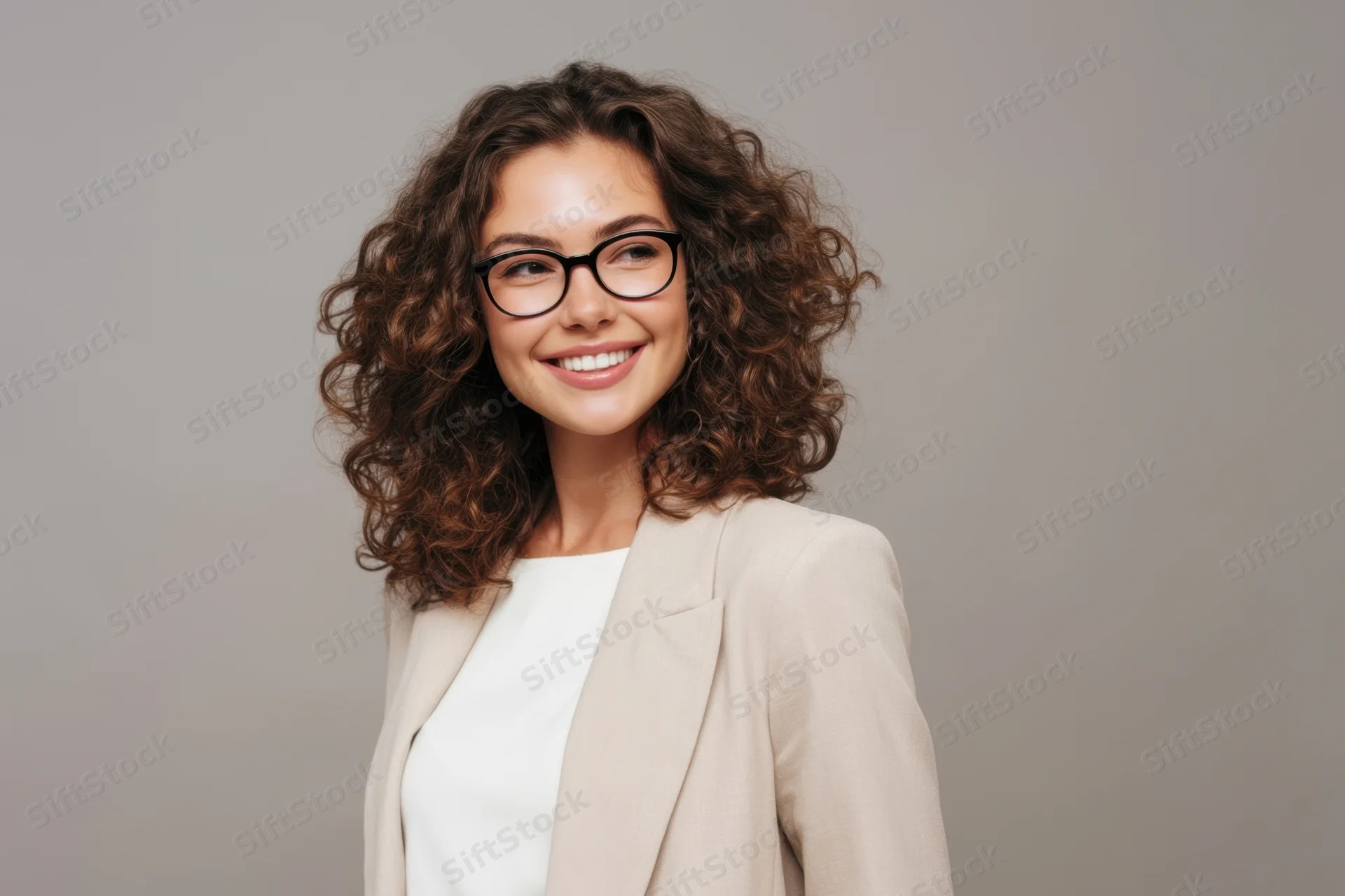 Smiling woman with curly brown hair and black glasses wearing a beige blazer and white top in a studio portrait