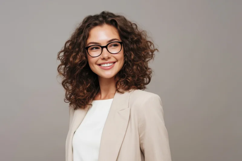 Smiling woman with curly brown hair and black glasses wearing a beige blazer and white top in a studio portrait