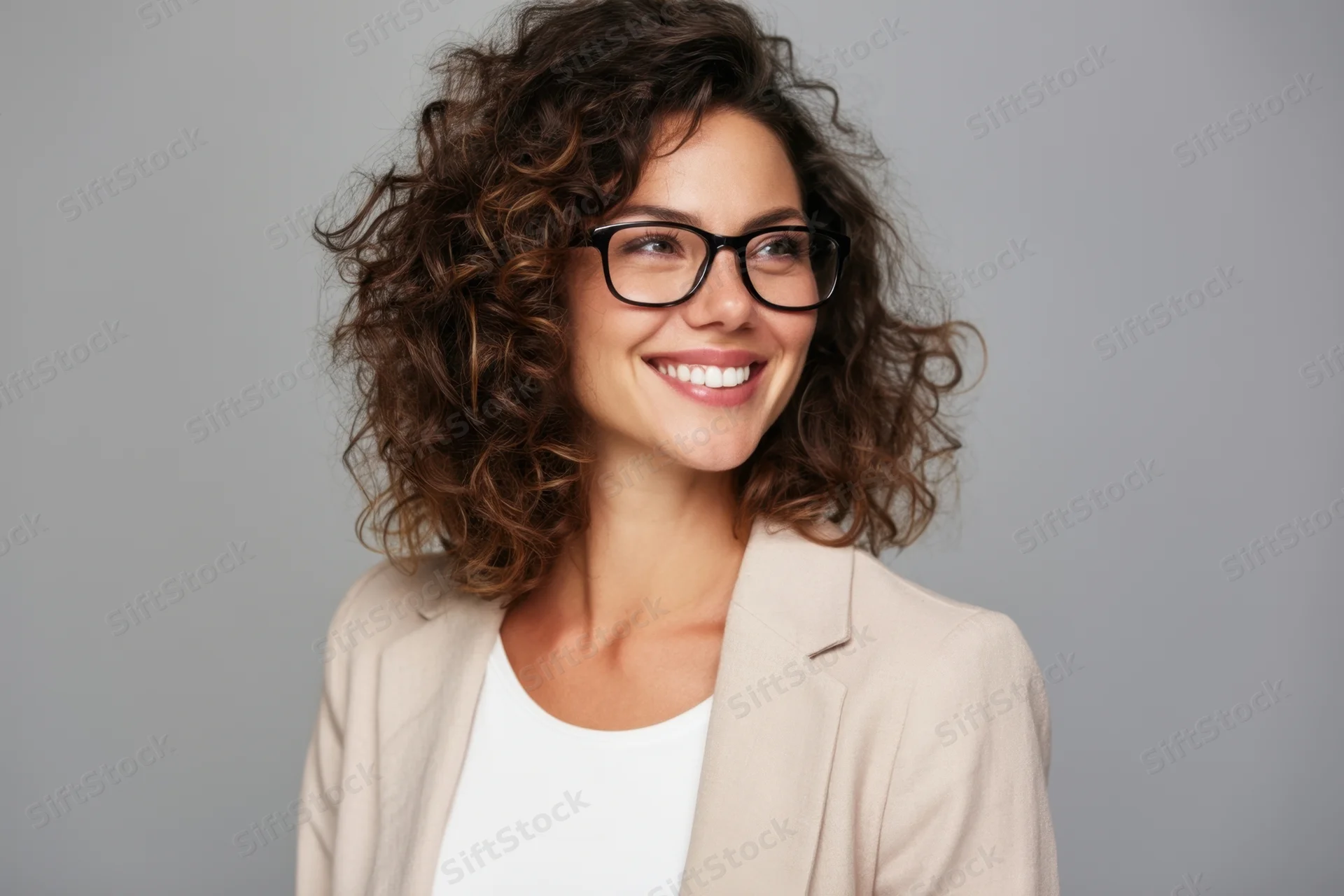 Smiling woman with curly brown hair and black glasses wearing a beige blazer and white top in a studio portrait