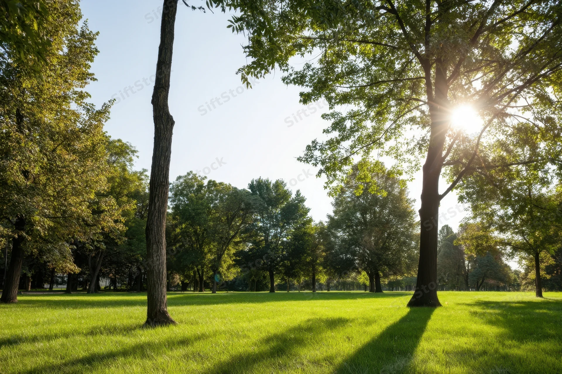 Sunlit green park with tall trees and lush grass under dappled sunlight