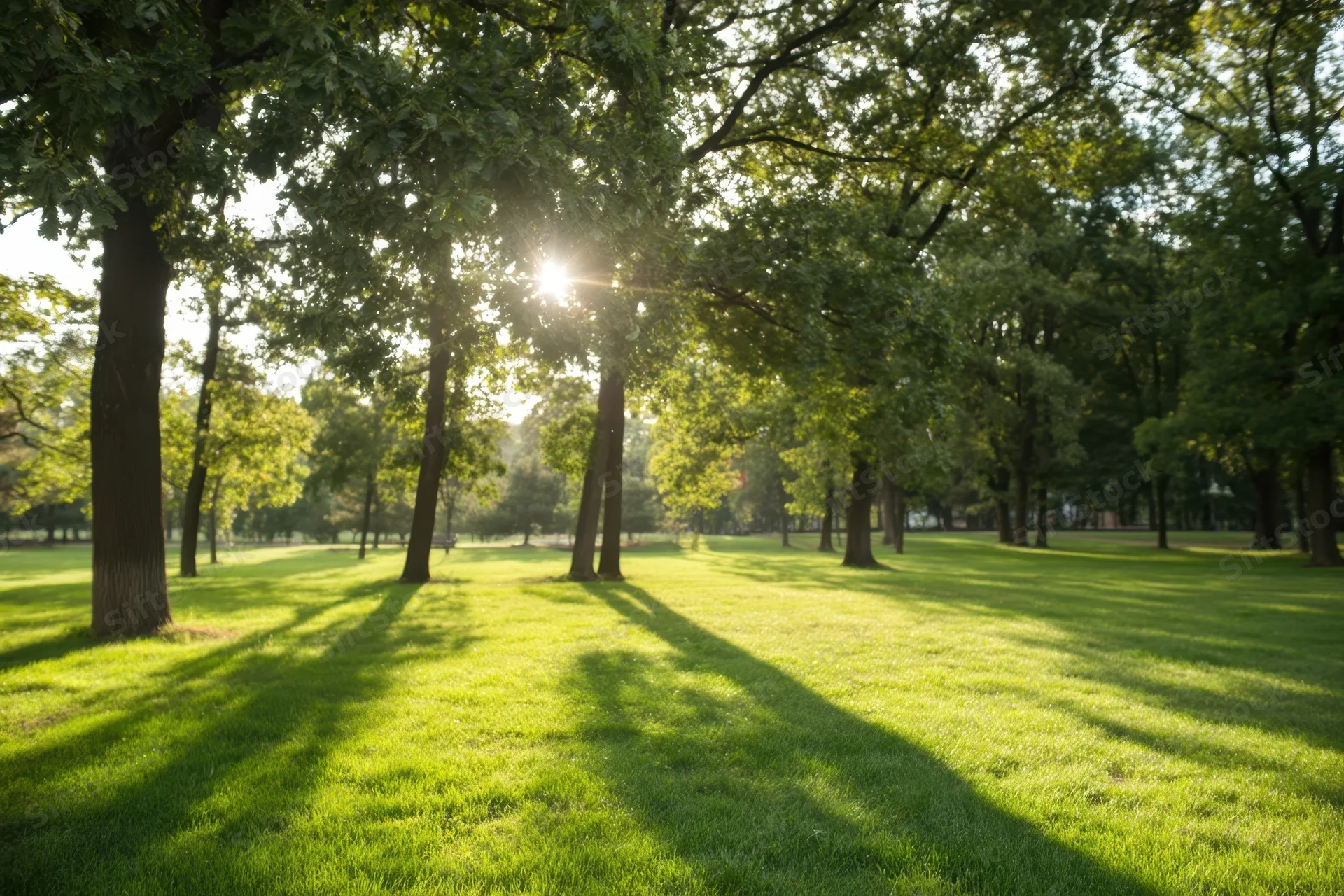 Sunlit park with tall trees casting long shadows on green grass