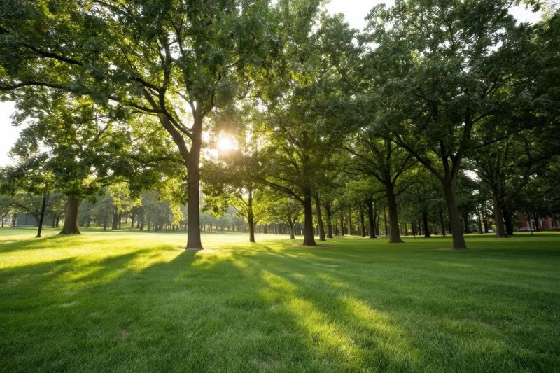 Sunlit park with tall trees casting shadows on green grass