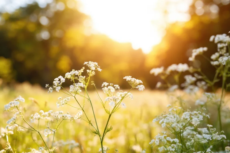 Delicate white wildflowers blooming in a sunlit meadow during summer