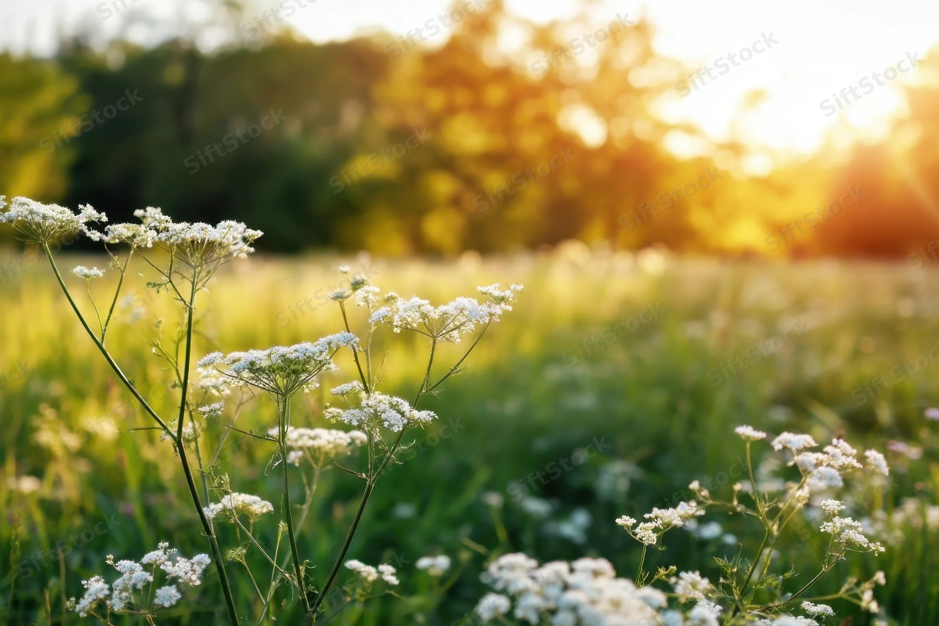 Delicate white wildflowers blooming in a sunlit meadow with green grass and blurred trees in the background