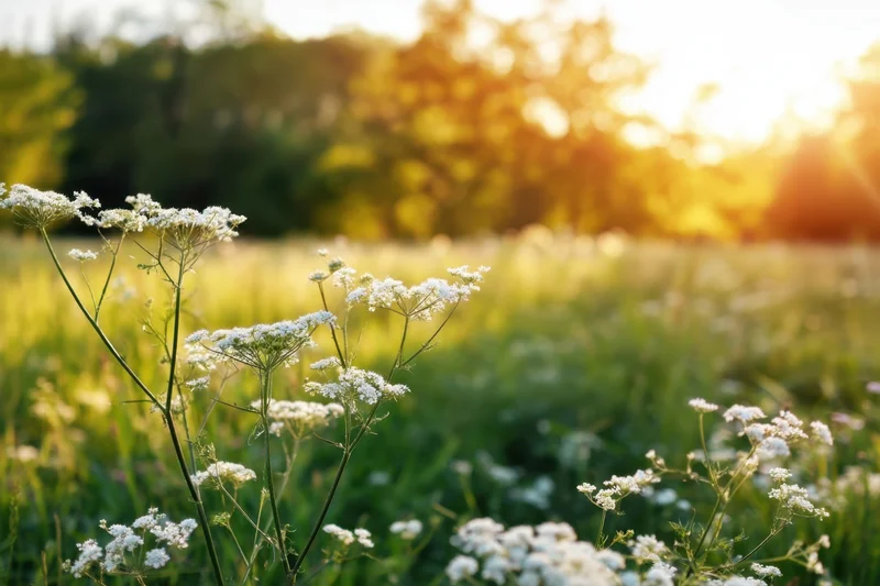Delicate white wildflowers blooming in a sunlit meadow with green grass and blurred trees in the background