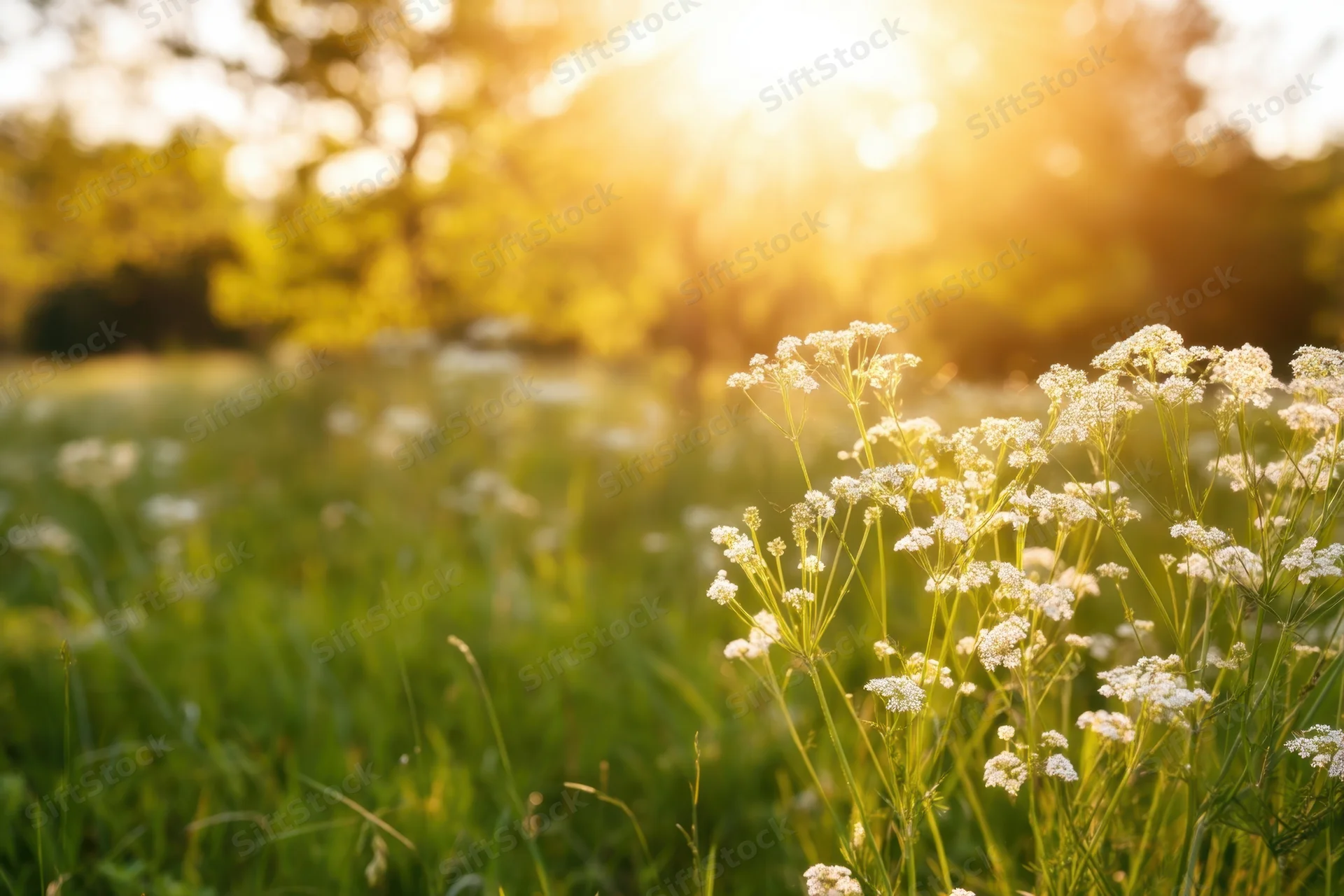 Delicate white wildflowers in a sunlit meadow with green grass and blurred trees in the background