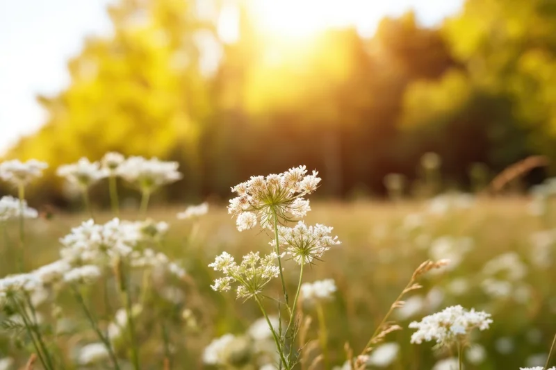 White wildflowers blooming in a sunlit meadow with blurred greenery in the background