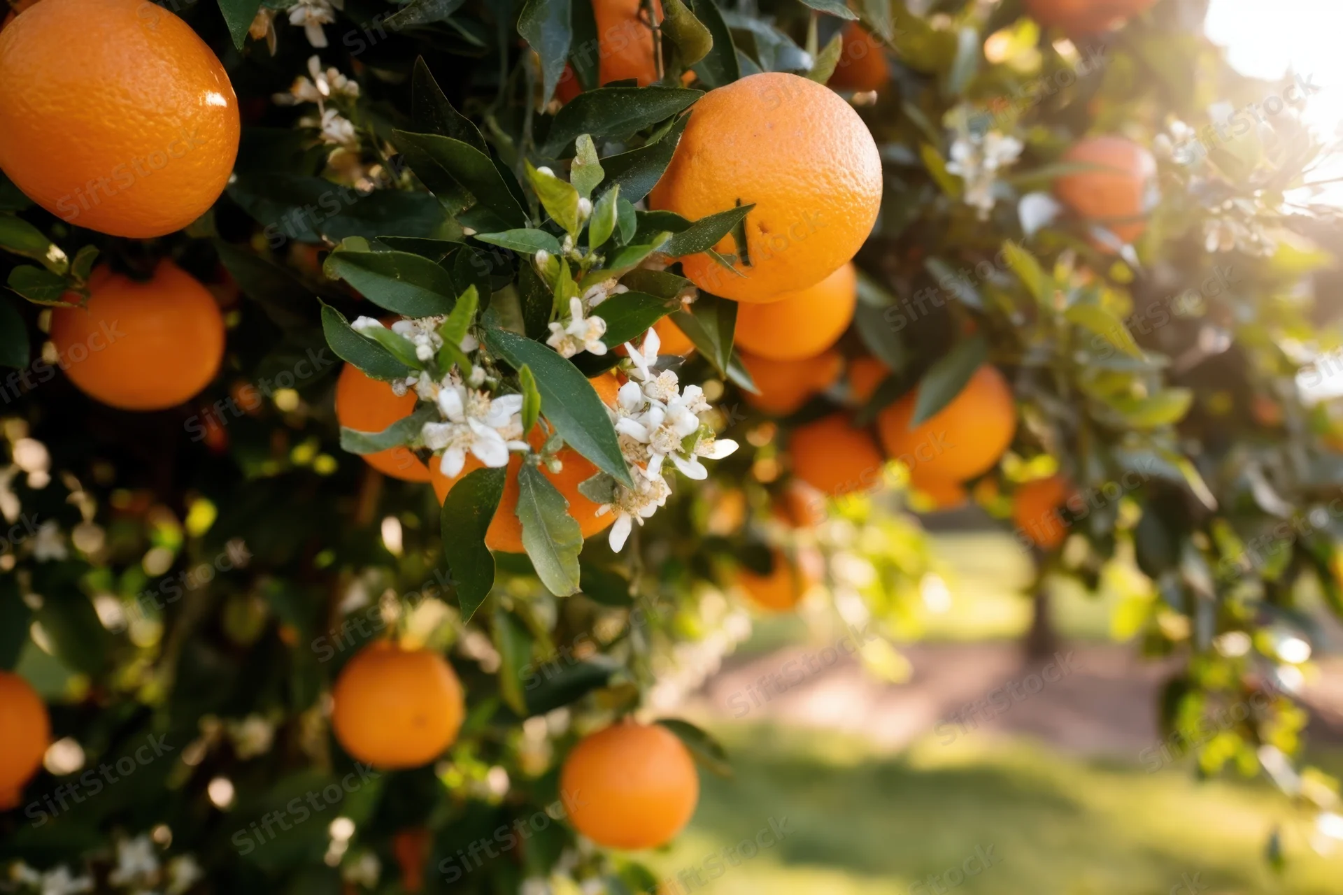 Sunlit orange tree with ripe oranges and white blossoms in an orchard