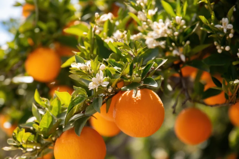 Of a sunlit orange tree with oranges and delicate blossoms