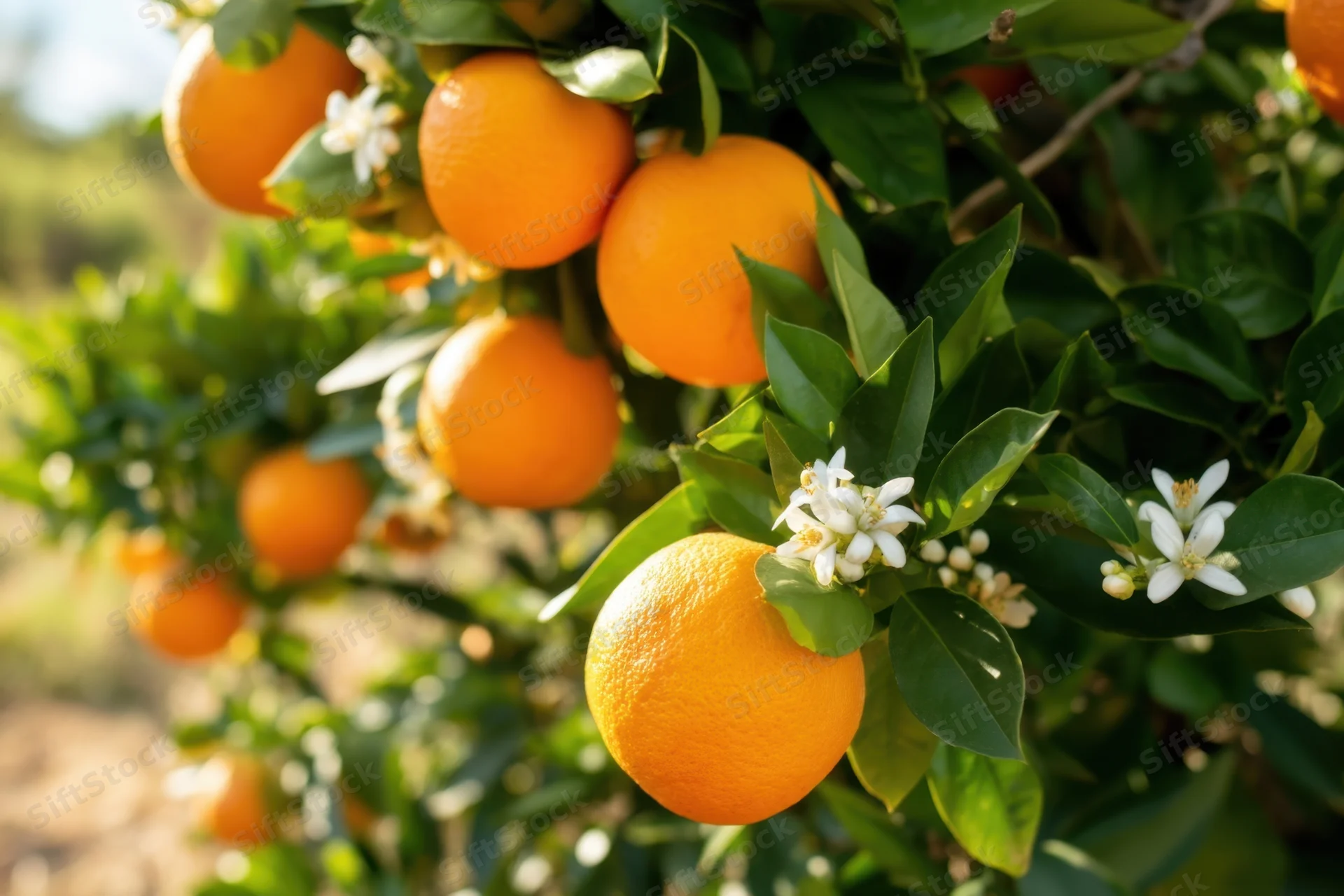 Ripe oranges and white blossoms on a sunlit citrus tree in an orchard