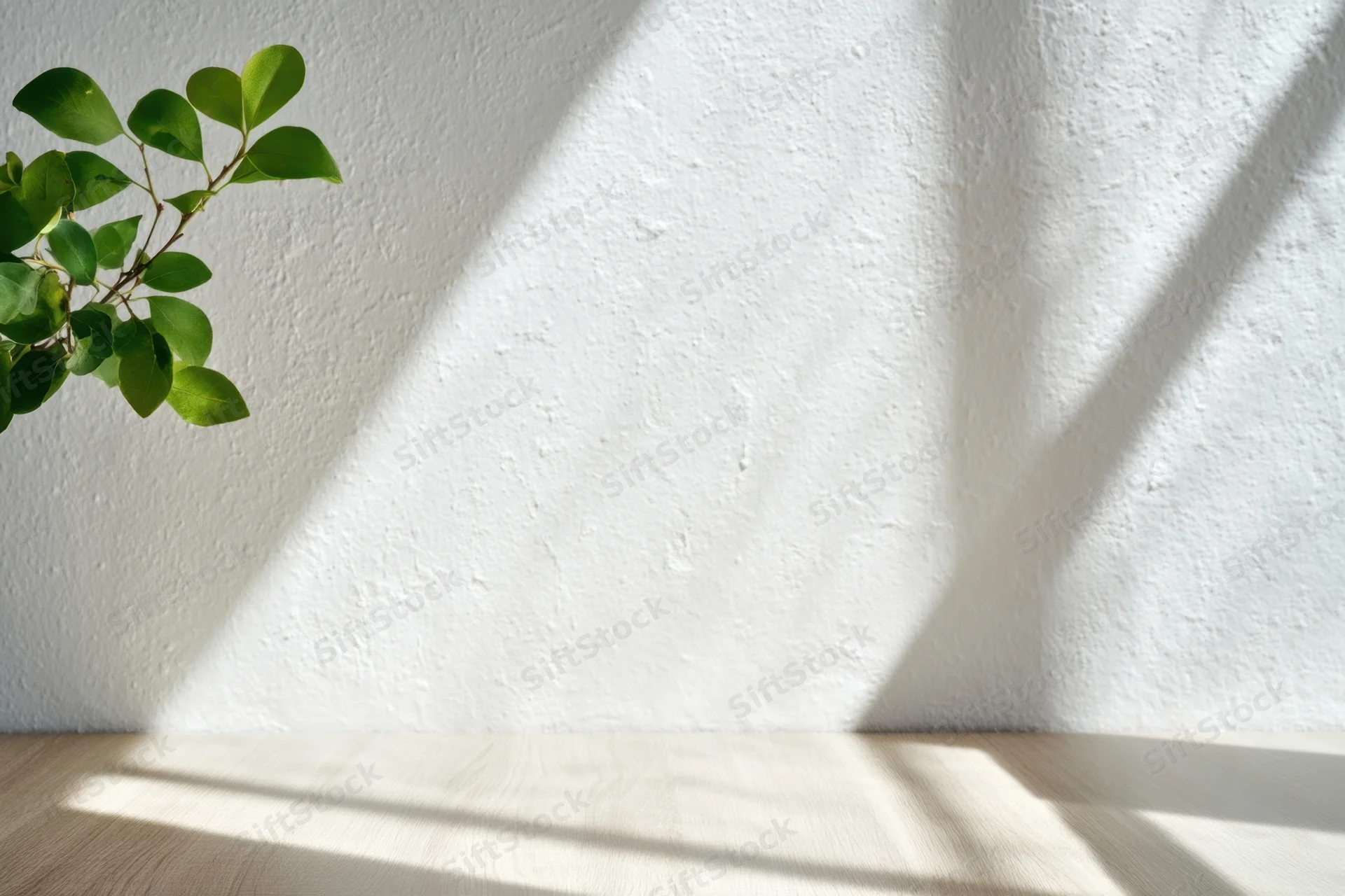 Sunlit white textured wall with a green leafy branch casting shadows on a wooden surface