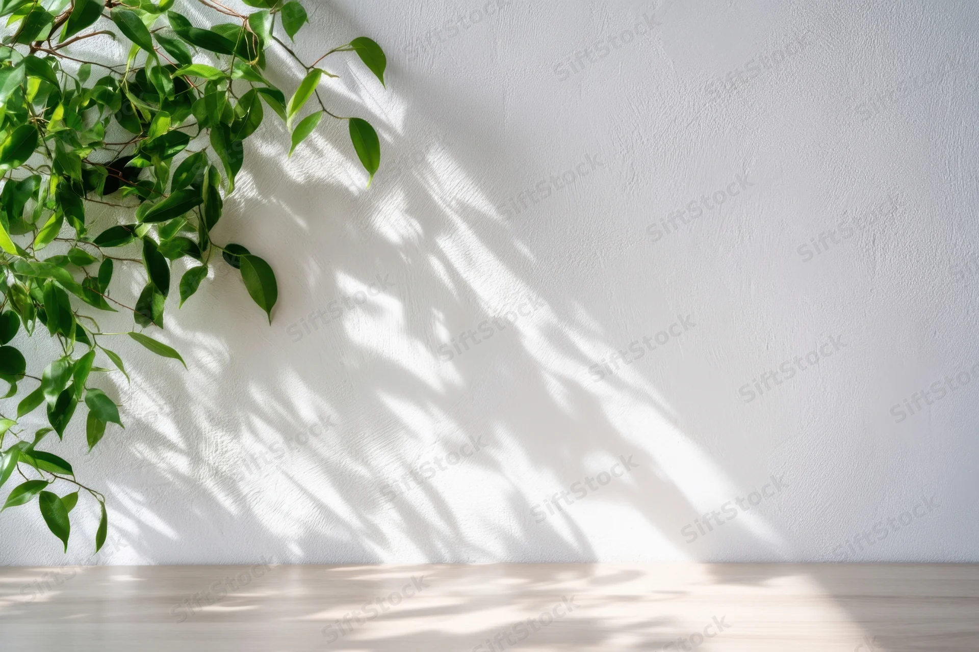 Green leafy branch casting shadows on a sunlit white textured wall above a wooden floor