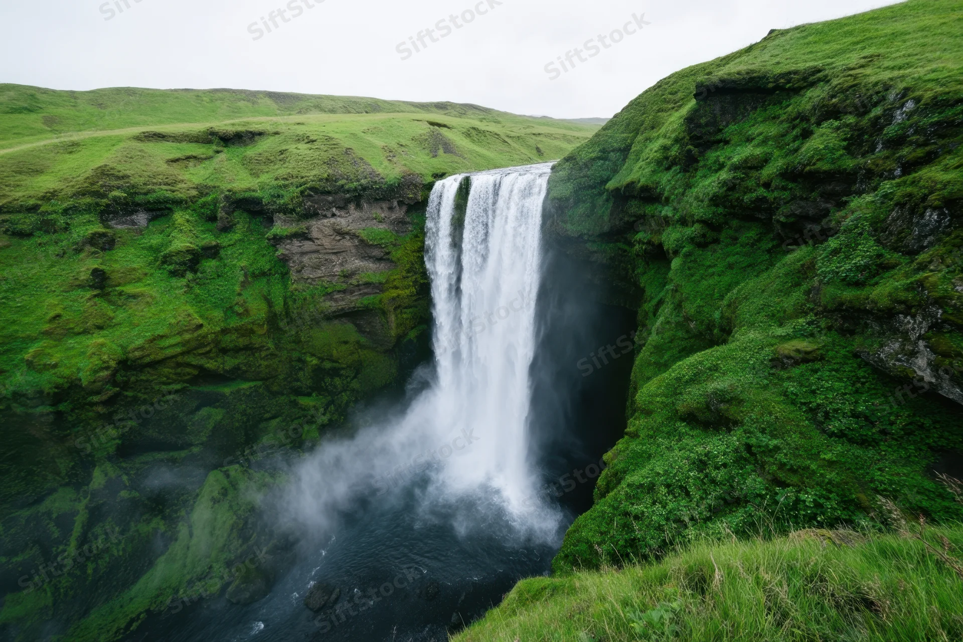 Tall waterfall plunging from a flat-top cliff into a misty gorge surrounded by moss-covered rocks and green hills