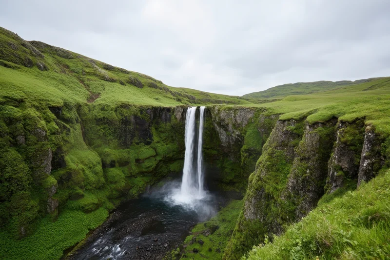 Tall waterfall plunging from a flat-top cliff into a stream surrounded by moss-covered rocks and green hills