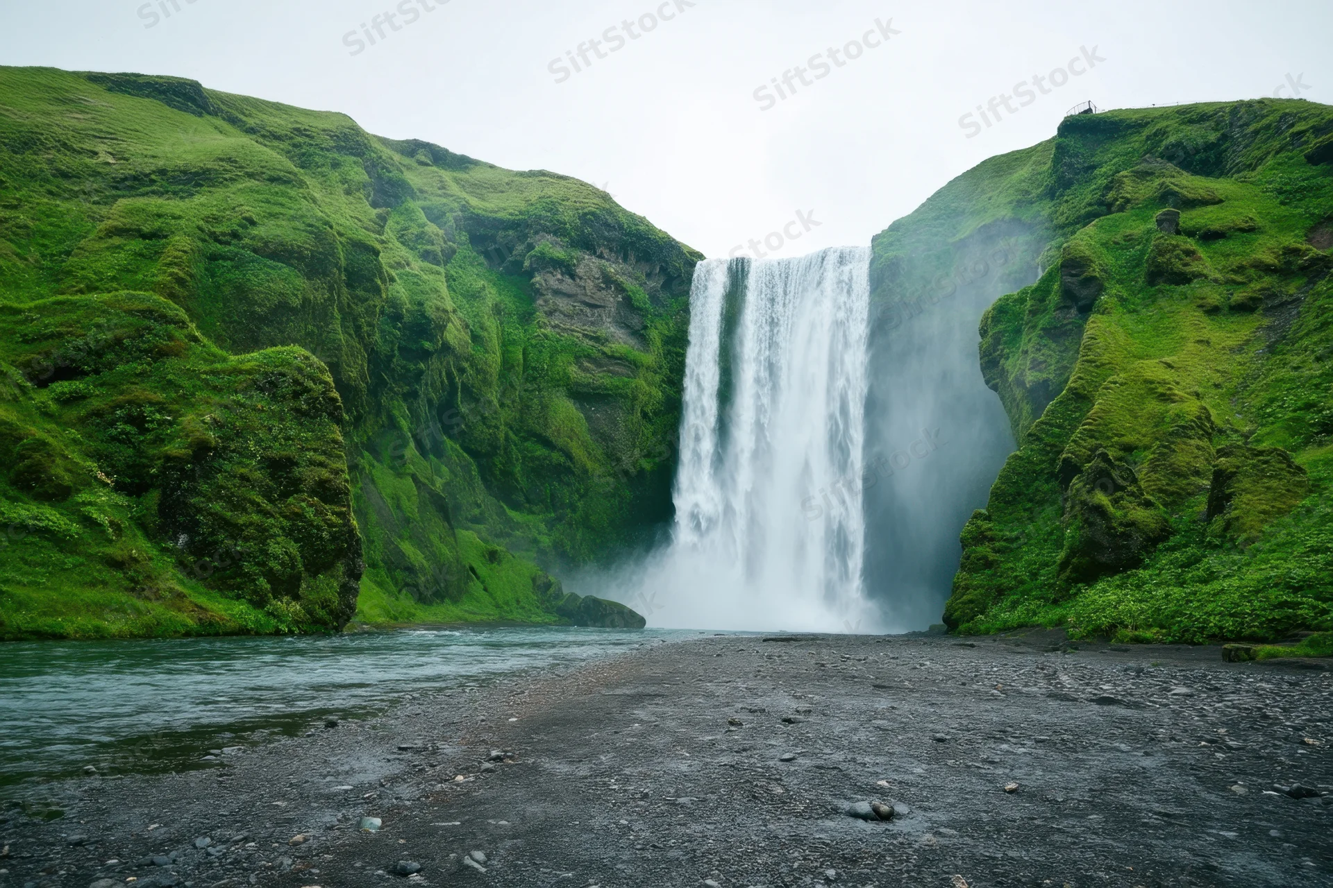 Tall waterfall plunging from moss-covered cliff into river surrounded by green vegetation