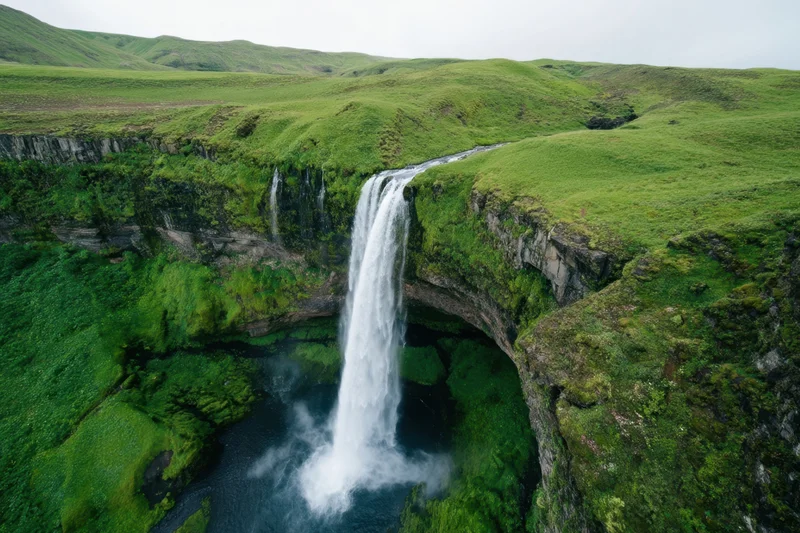 Tall waterfall plunging from flat-top cliff into deep gorge surrounded by green mossy hills