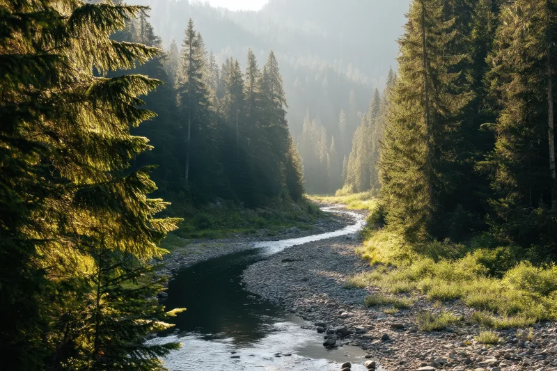 River winding through a sunlit forest valley with tall pine trees and rocky banks