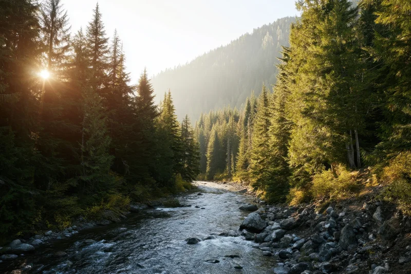 River flowing through a sunlit forest valley surrounded by evergreen trees and mountains