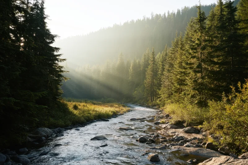 River flowing through a sunlit forest valley with pine trees and misty mountains in the background