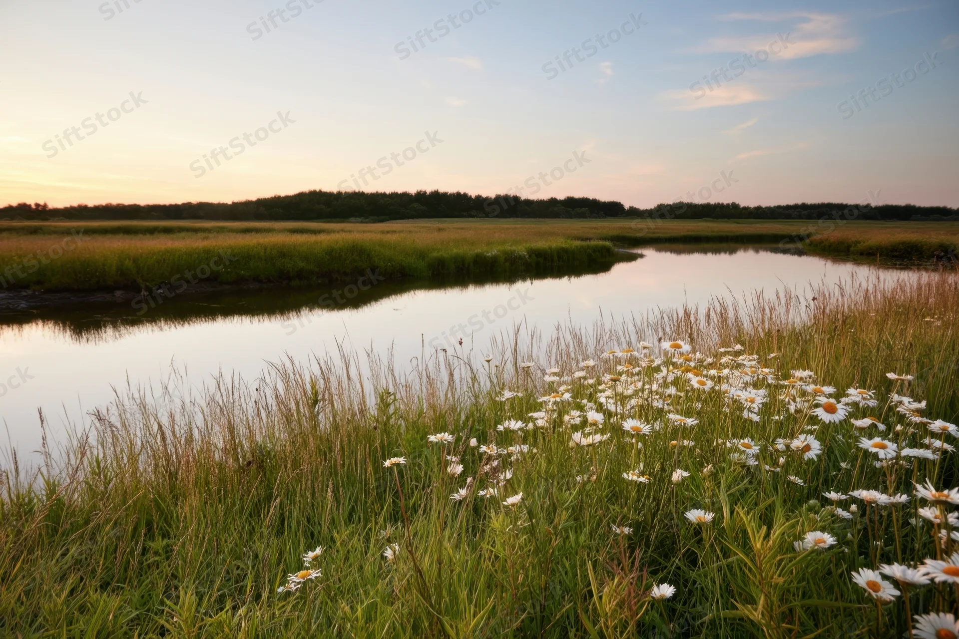 White daisies growing in a grassy meadow beside a calm river at sunset