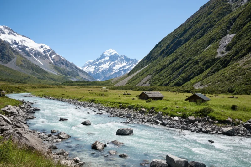 Turquoise river flowing through alpine valley with snow-capped peaks and wooden cabins surrounded by green meadows and rocky terrain