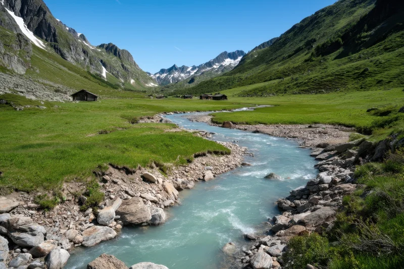 Turquoise river winding through alpine valley with rocky banks and green meadows under clear blue sky