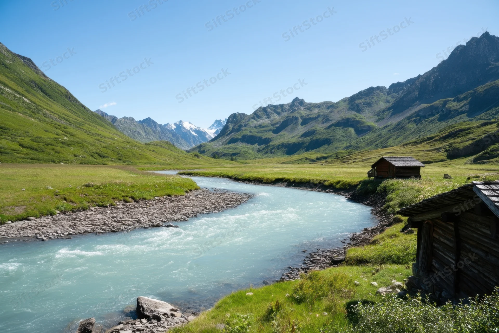 Turquoise river flowing through alpine valley with wooden cabins and green meadows