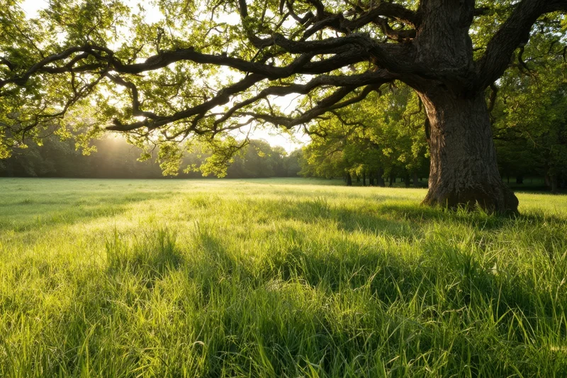 Ancient twisted tree with sprawling branches over a sunlit grassy meadow